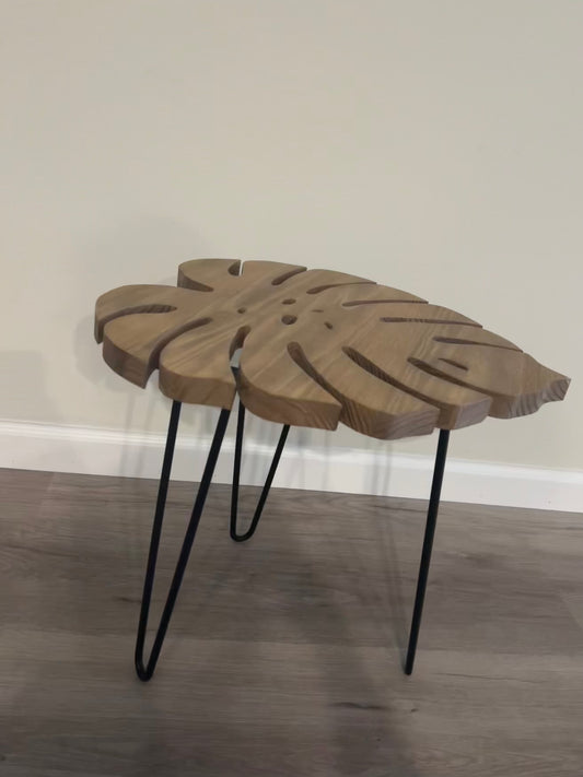 Wooden Monstera Leaf Side Table